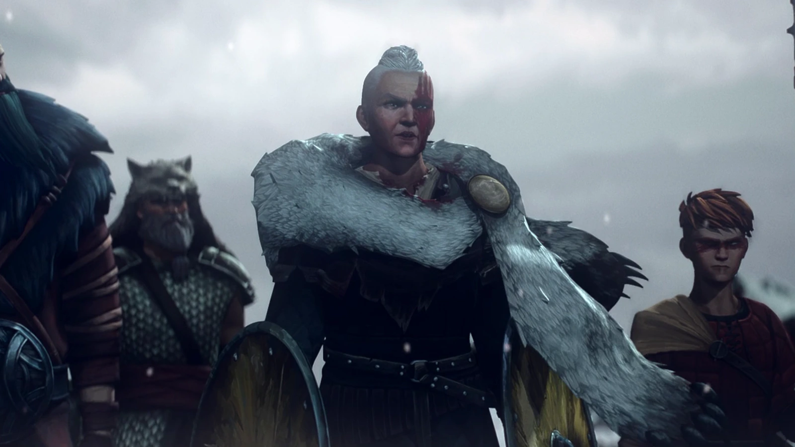 Ursa in a fur cloak stands with her clan in the snow, blood on her face