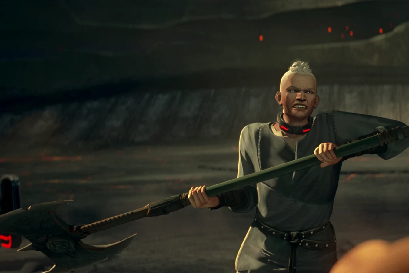 Ursa, wearing an explosive collar, swings a long axe in the Grendel King's arena