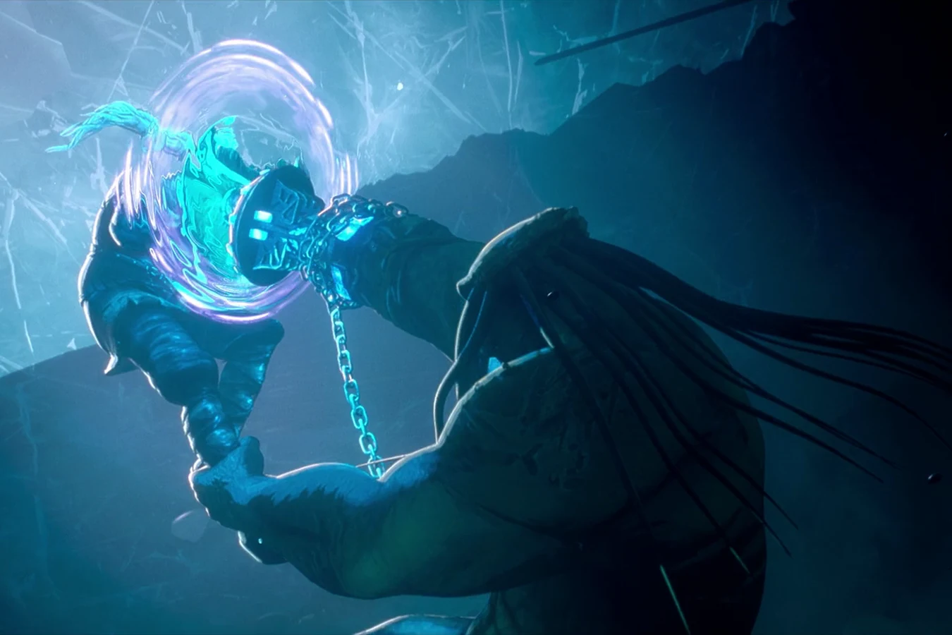 Ursa drives an anchor chain and Grendel's shock blast into him under the ice