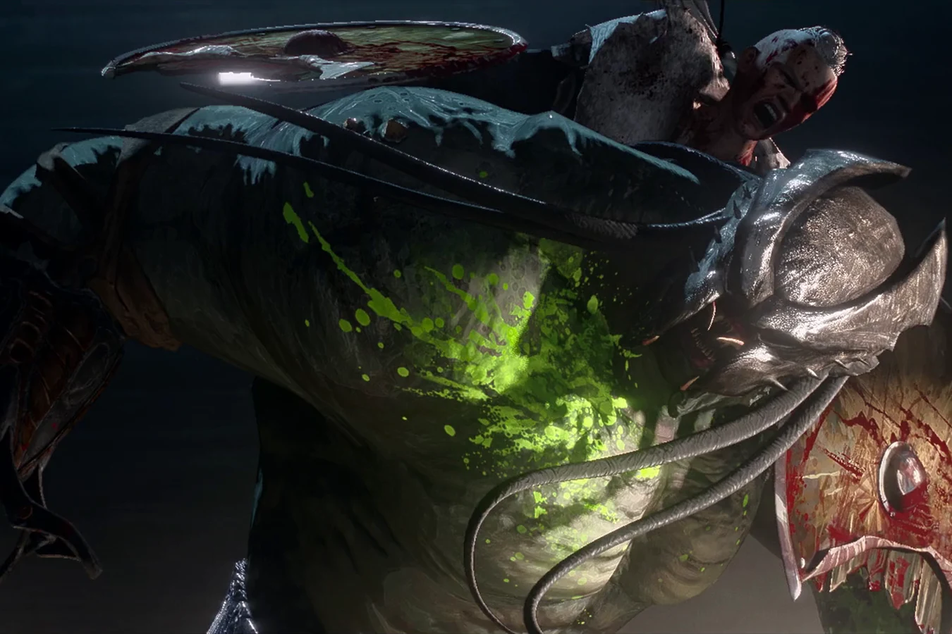 Ursa clings to Grendel's back and strikes him with her shield as his green blood spills