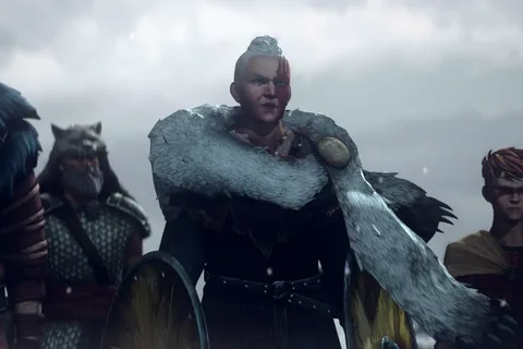 Ursa in a fur cloak stands with her clan in the snow, blood on her face