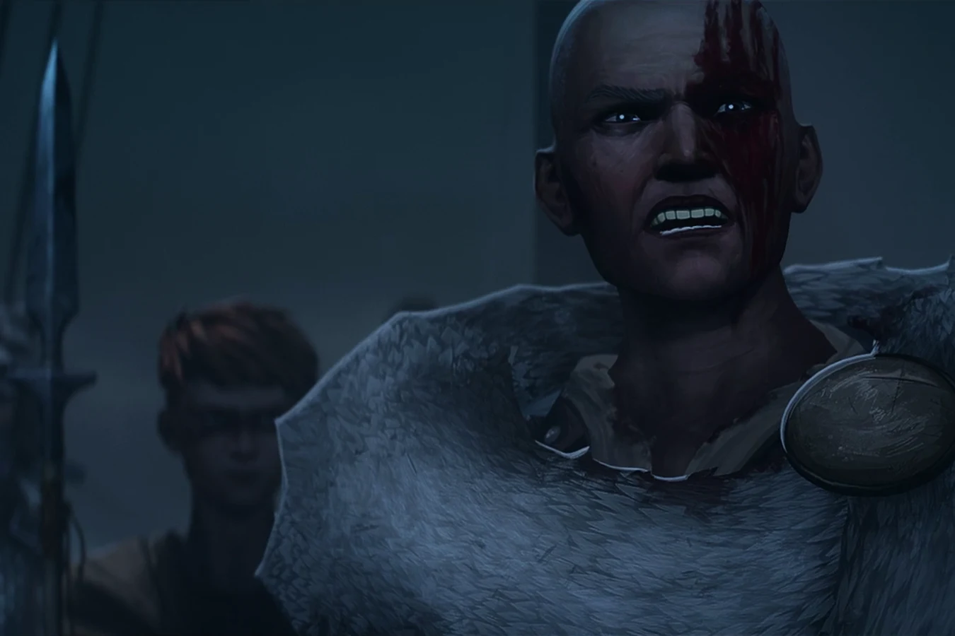 Ursa with blood on her face, Anders and a clansman behind her