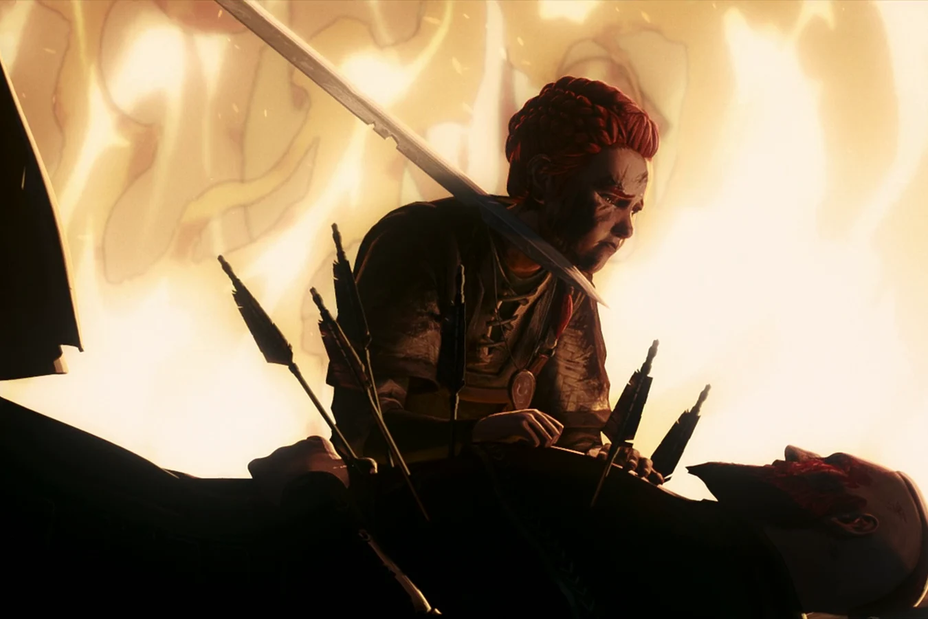 Young Ursa kneels beside her father Einar as the hall burns behind them