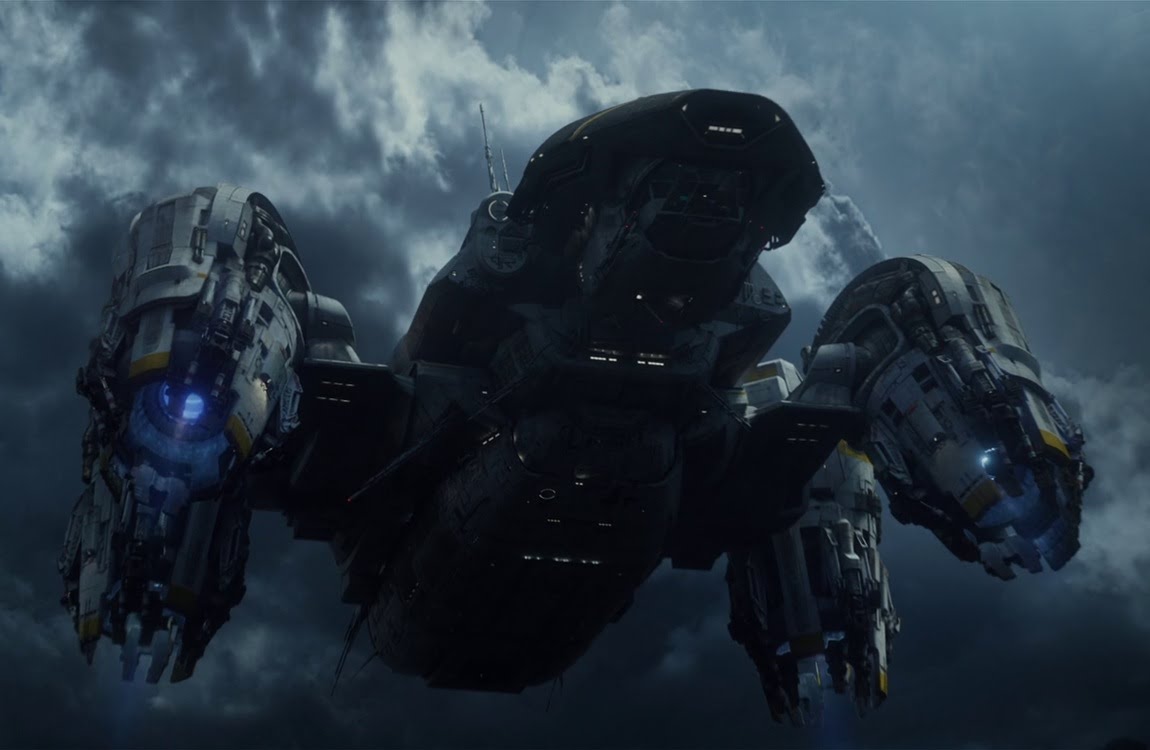 The underside of the USCSS Prometheus visible while landing on LV-223