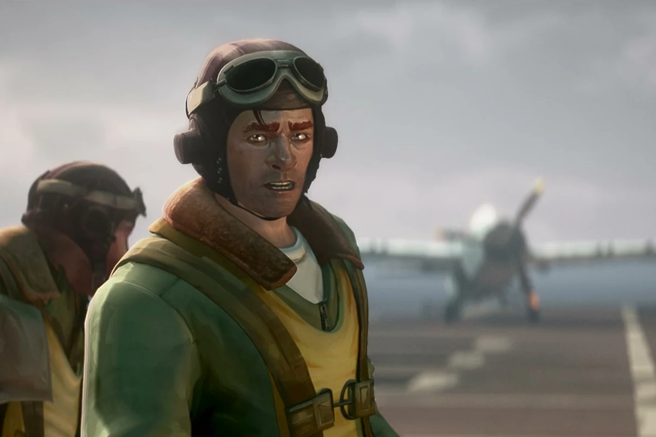 Vandenberg on the Ranger flight deck in a leather helmet and shearling jacket
