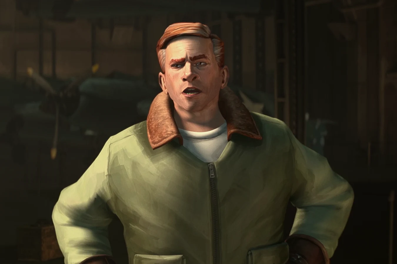 Vandenberg stands in a Ranger hangar in a shearling flight jacket