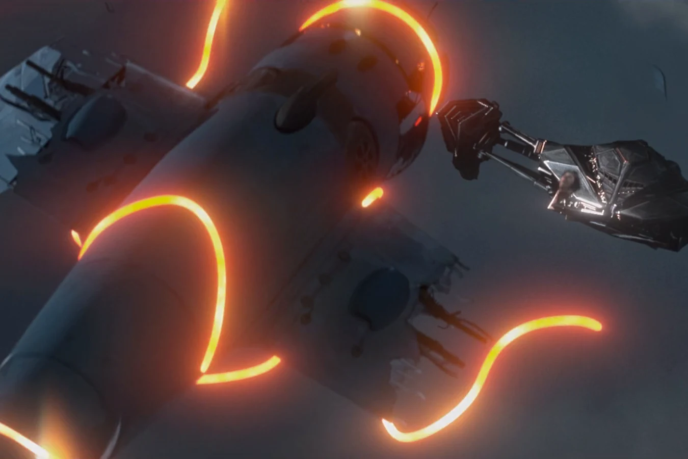 Vandenberg's Wildcat wrapped in orange energy tendrils as a Yautja fighter closes in