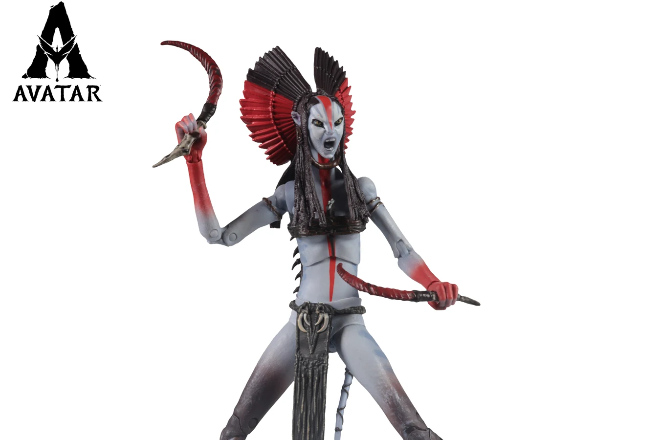 McFarlane 7-inch Varang action figure with red war paint, fan headdress, and paired crescent blades