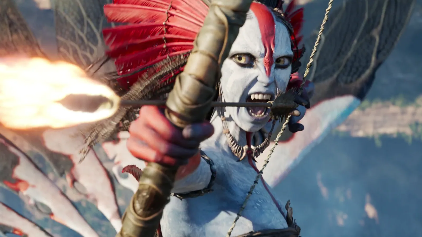 Varang holding a weapon as leader of the Ash People in Avatar: Fire and Ash