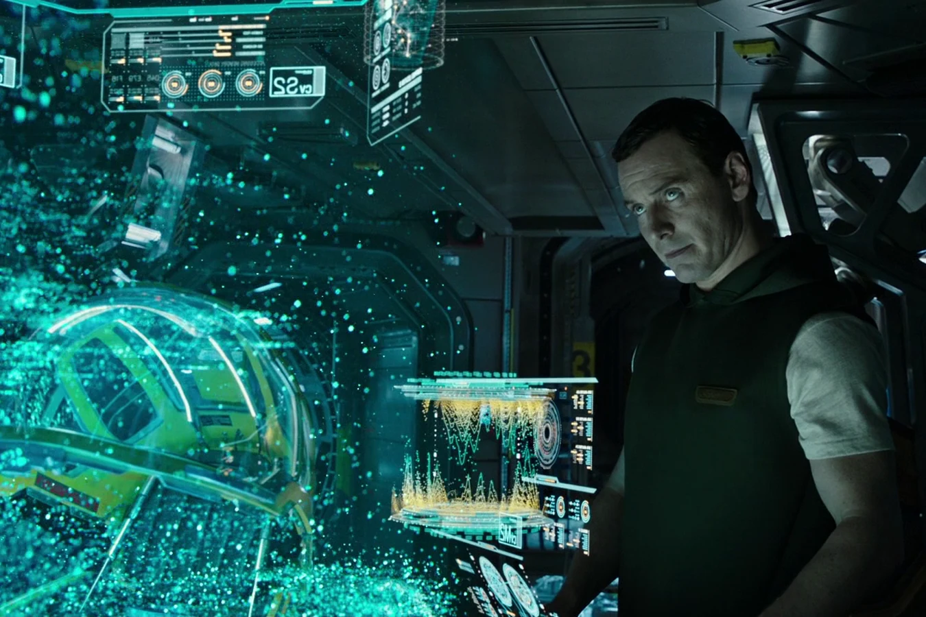 Walter beside a hologram on the Covenant bridge as the crew studies a nearby world