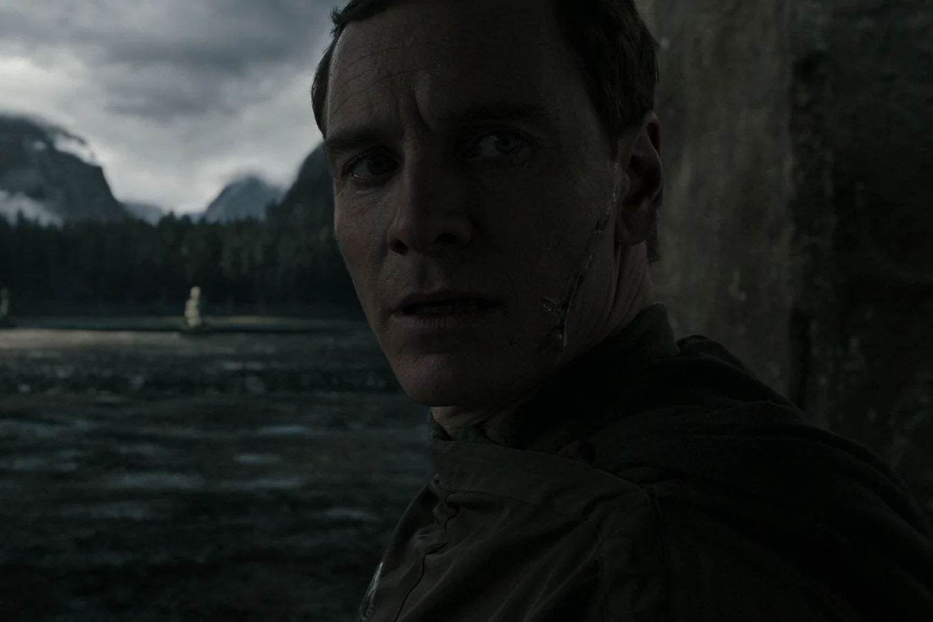 David with a cut on his cheek, in Walter's jacket, looking back across Planet 4