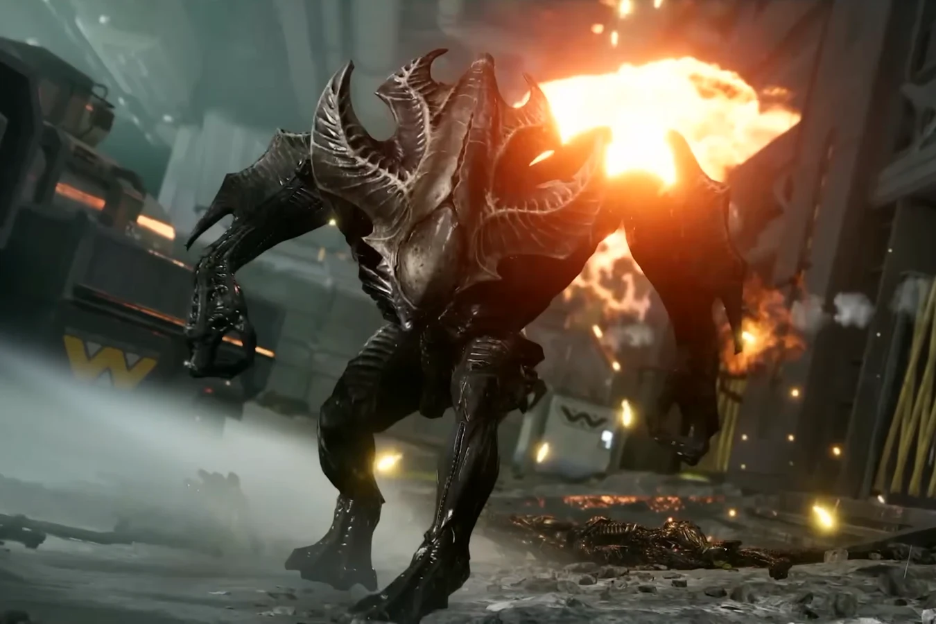 Warden Xenomorph advancing through a Weyland-Yutani corridor as an explosion lights the hall