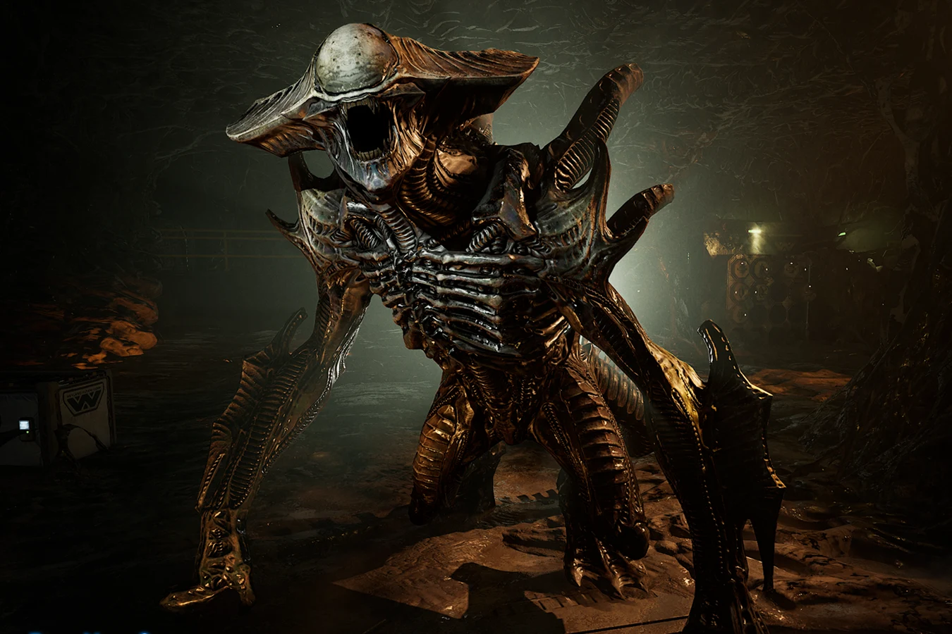 Warden Xenomorph crouched in hive resin with its mouth open in Aliens Fireteam Elite 2