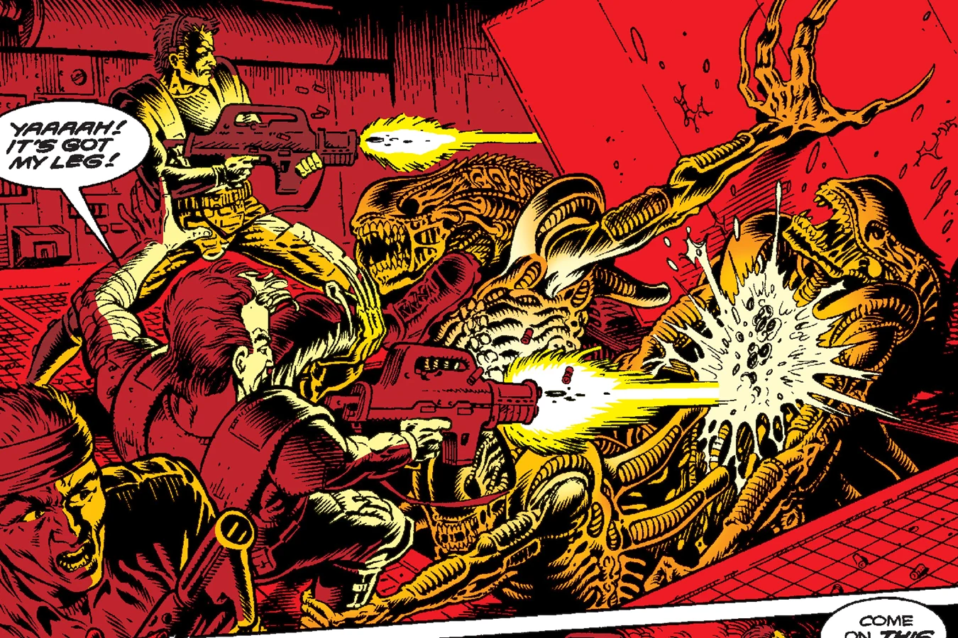 Three Xenomorphs dragging Hudson under the floor in Aliens: Newt's Tale
