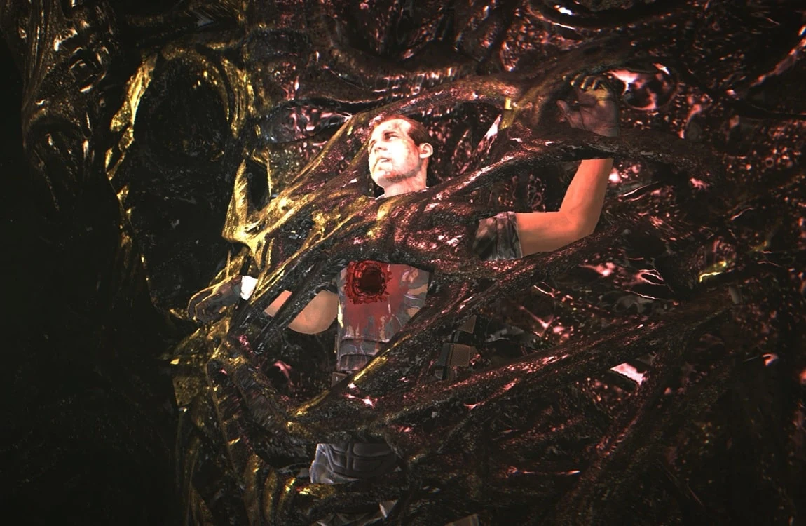 Hudson's cocooned body with a chestburster wound in Aliens: Colonial Marines