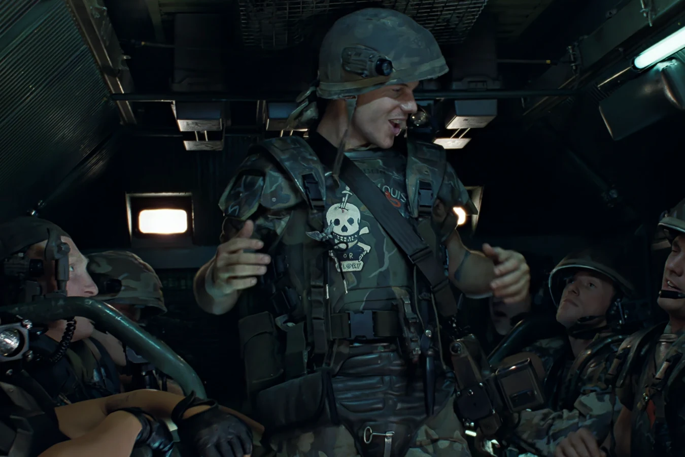 Hudson bragging in the APC with the Sulaco marines on the drop to LV-426 in Aliens