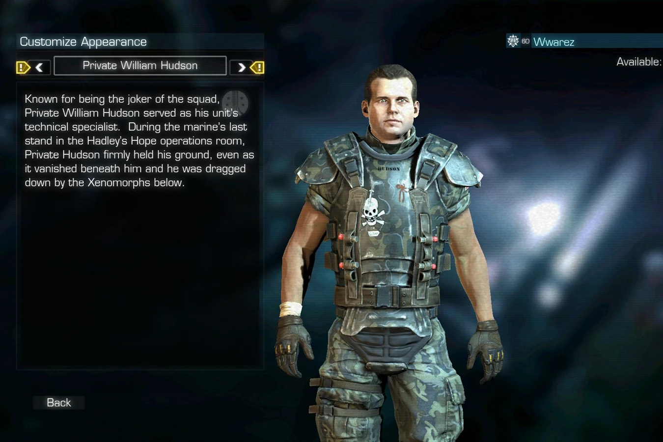 Hudson multiplayer skin in Aliens: Colonial Marines with M3 armor and a skull chest plate