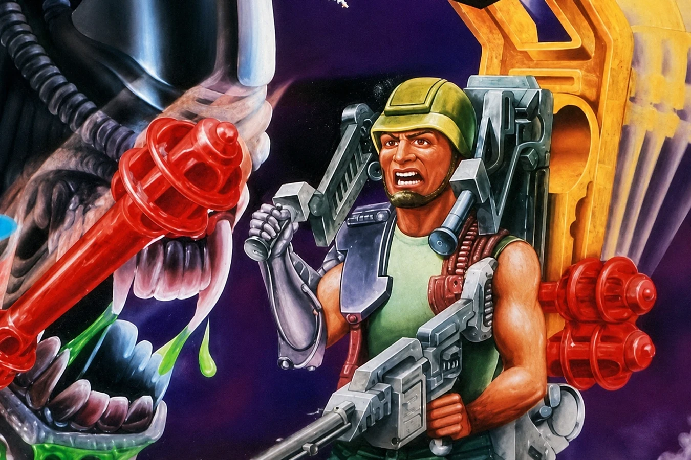 Kenner Aliens Space Marine card art of Hudson facing a Xenomorph