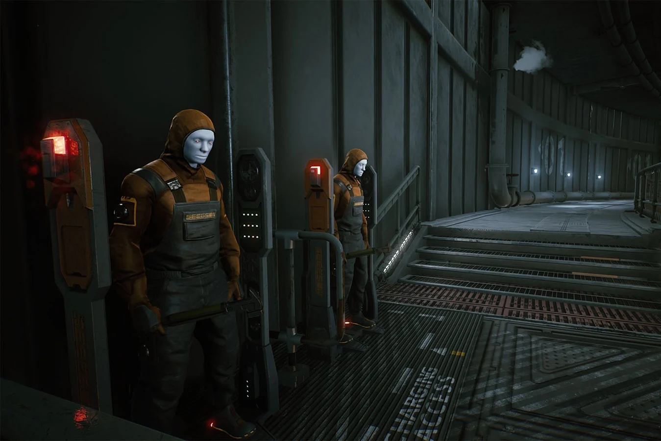 Two Seegson Working Joes standing in charging bays on the Katanga refinery in Aliens: Fireteam Elite