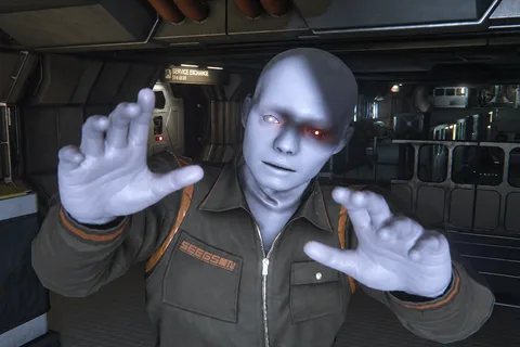 A Seegson Working Joe reaching forward in a Service Exchange corridor