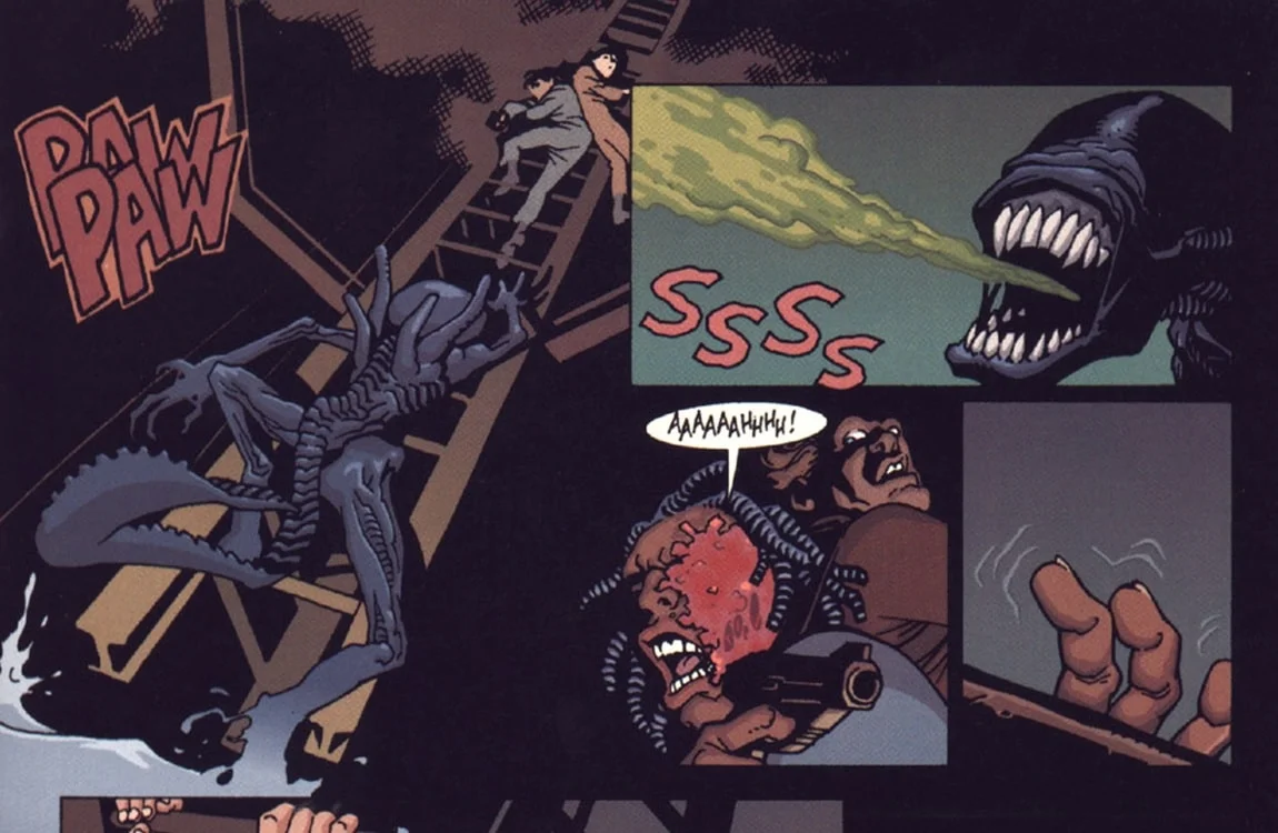 The Cloned Xenomorph Warrior spitting acid in the Alien: Resurrection comic book