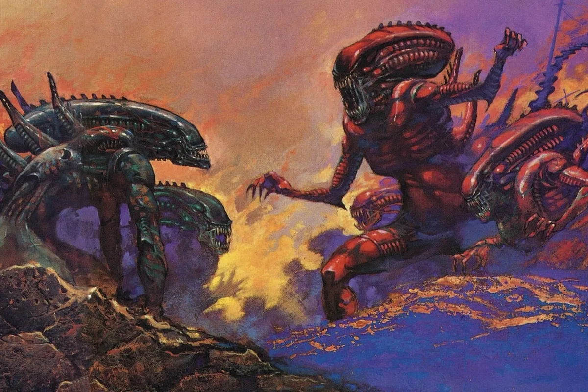 Red and black Xenomorphs fighting in Aliens: Genocide