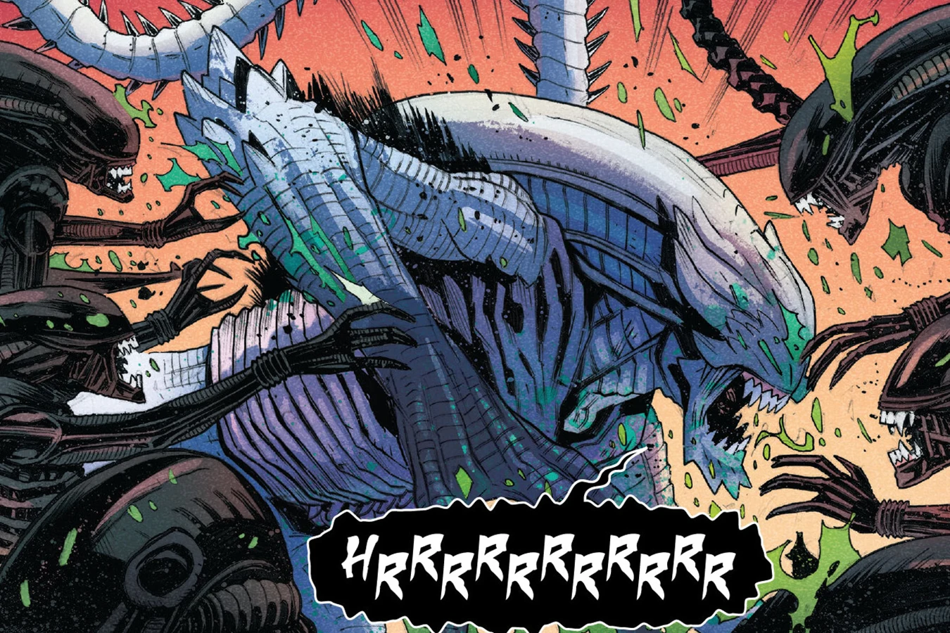 Black Xenomorphs surrounding and attacking a pale Submorph