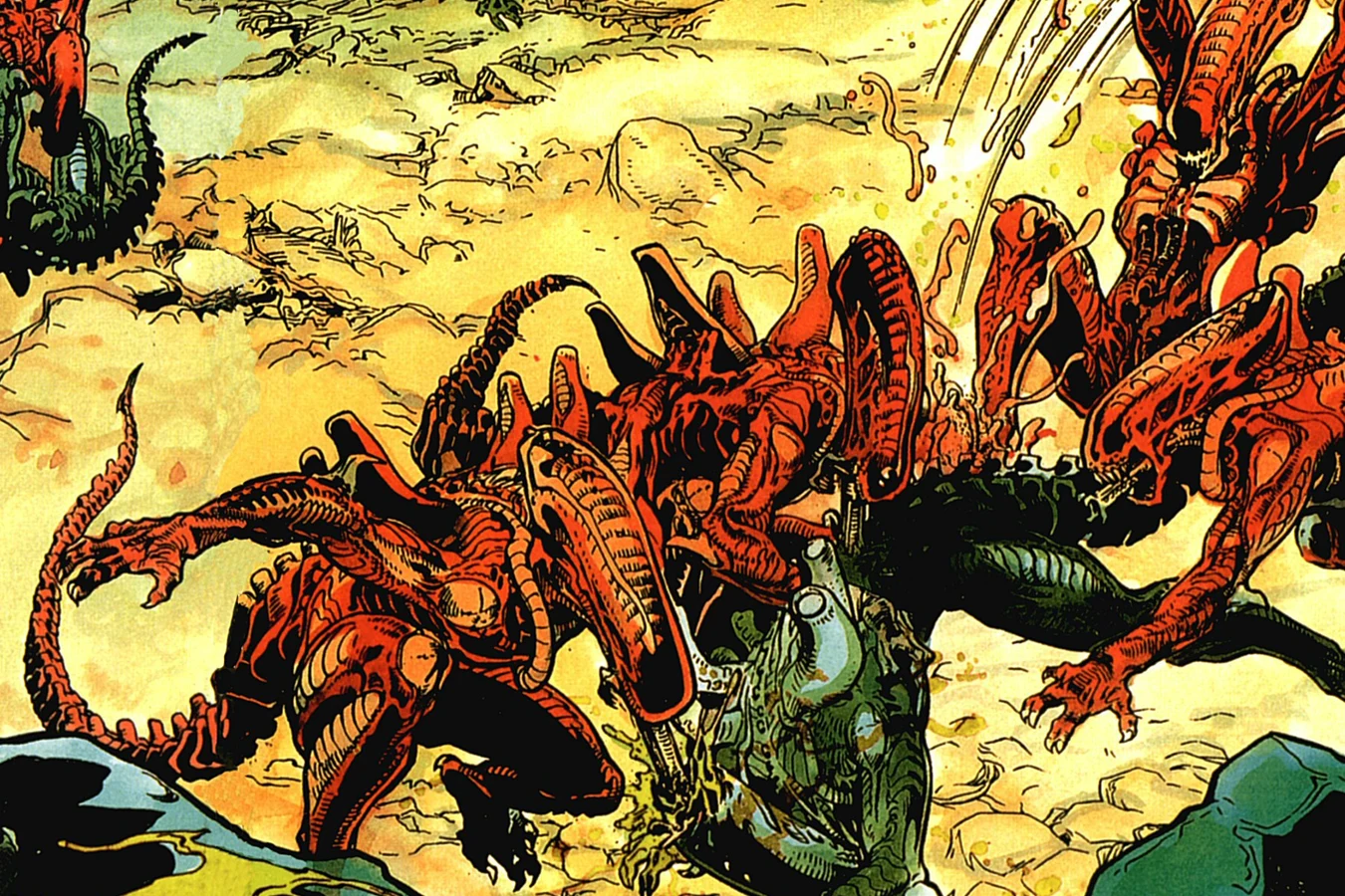 Red Xenomorphs overwhelming a black Xenomorph on the hiveworld