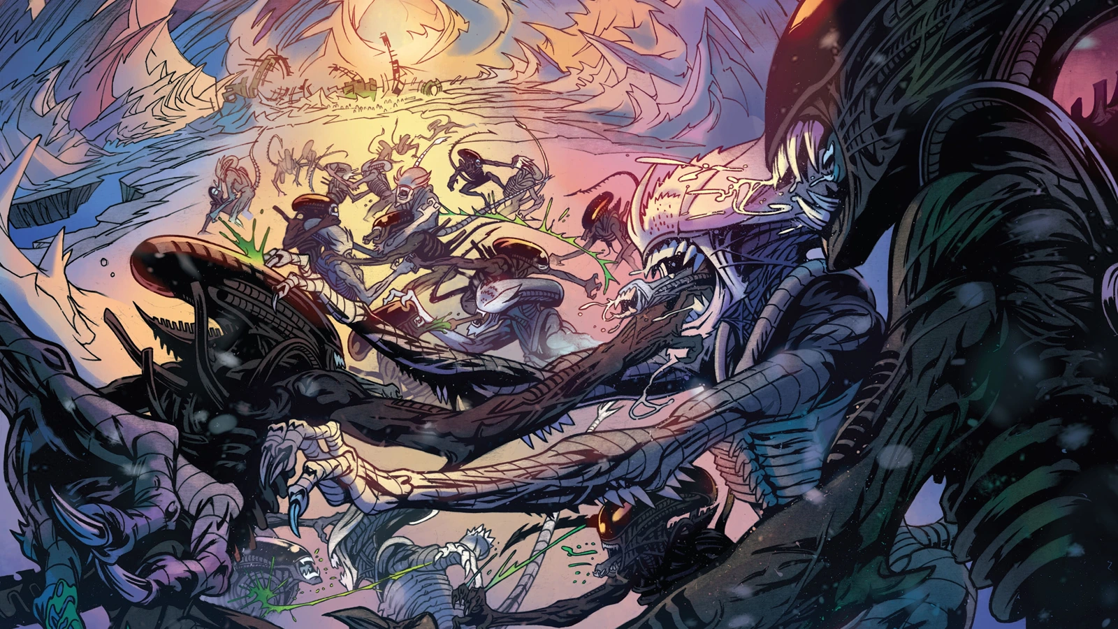 Pale Submorphs fighting black Xenomorphs on LV-695