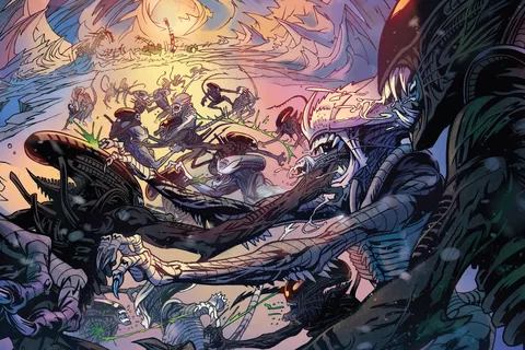 Pale Submorphs fighting black Xenomorphs on LV-695