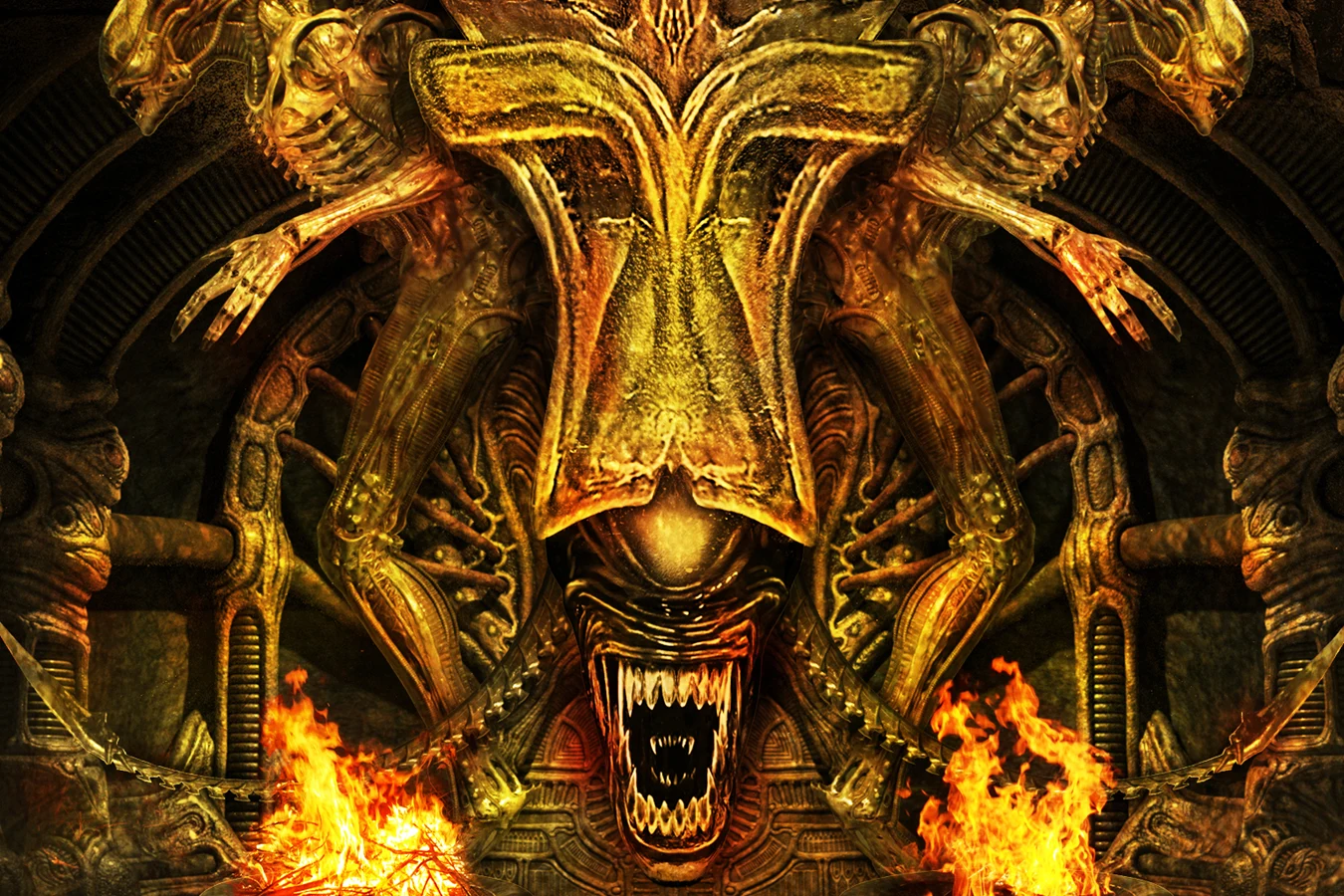 A Xenomorph framed as a religious icon with a cross and fire