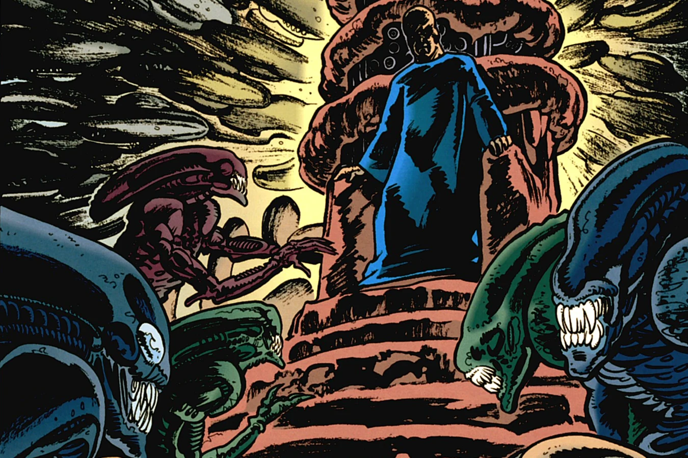 Father stands above a pack of Xenomorphs in the Aliens Colonial Marines comic