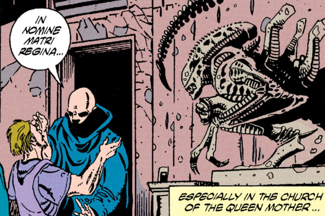 A Church of the Queen Mother priest blesses a follower beside a Xenomorph statue