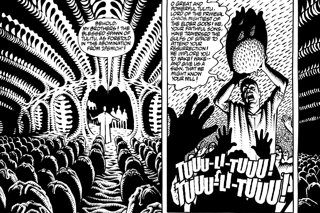 High Priest Lumley holds a Xenomorph egg while the Brotherhood of Tulitu chants