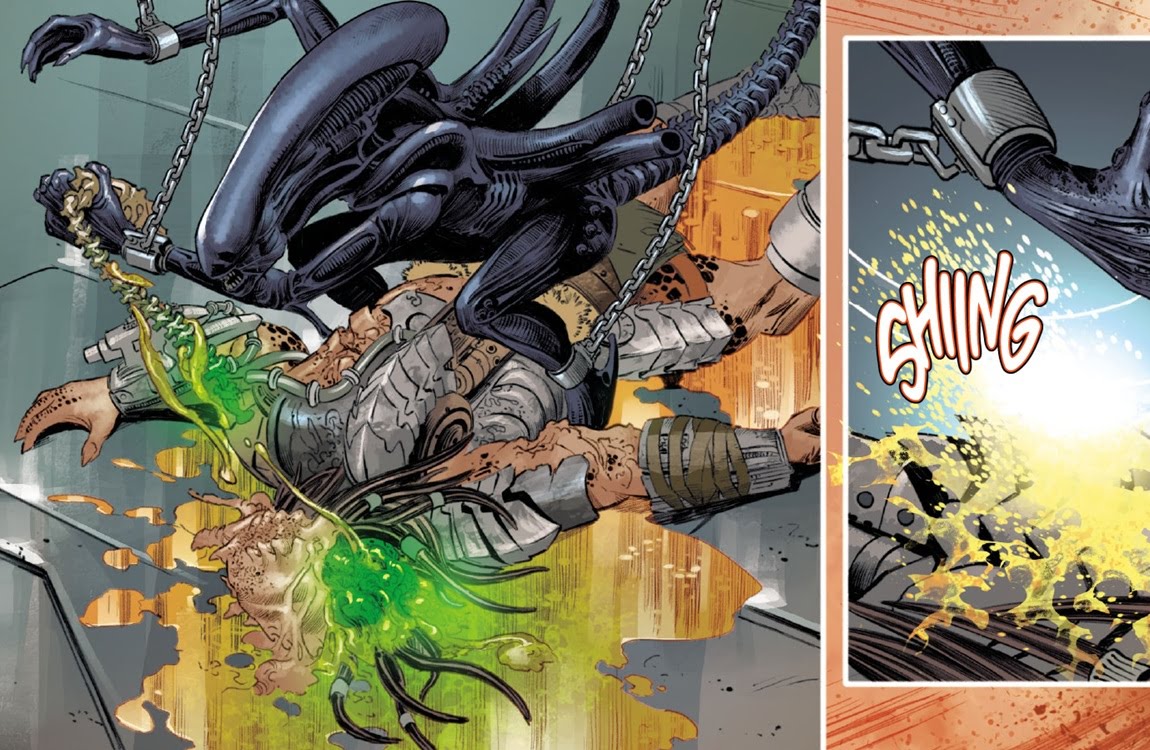 A Xenomorph ravaging a Yautja in AvP: Thicker Than Blood