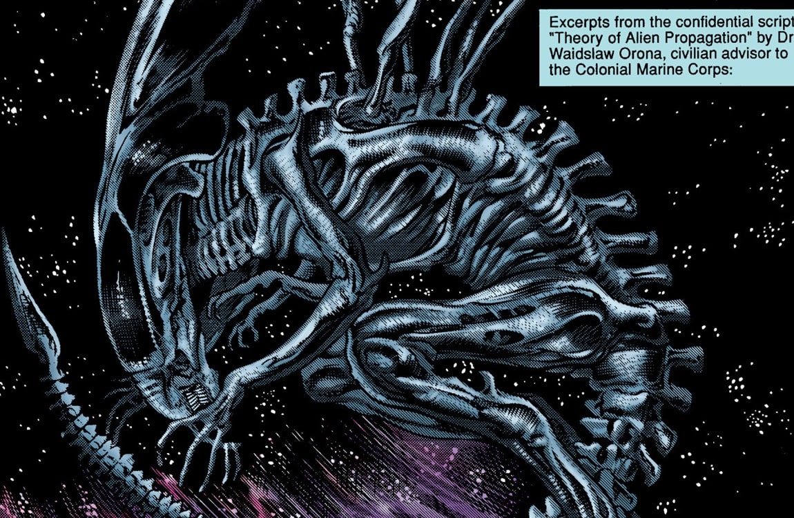 A Xenomorph Queen drifts in space while hibernating