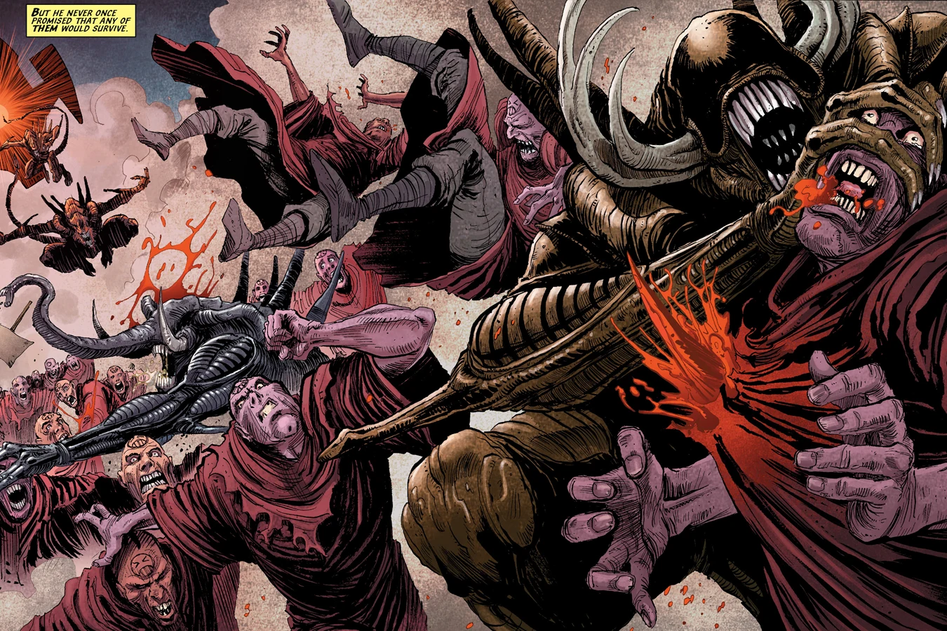 Reinstöt's horned and tusked Ani-Man Xenomorphs tearing through Archbishop Emoji's robed followers outside his church in Mega-City One