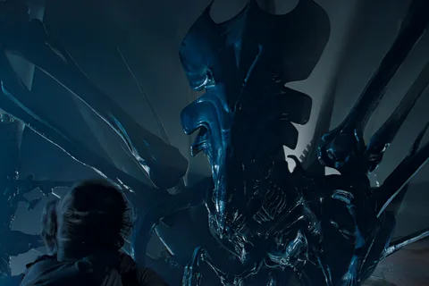 Ripley confronting the Xenomorph Queen in her egg chamber.