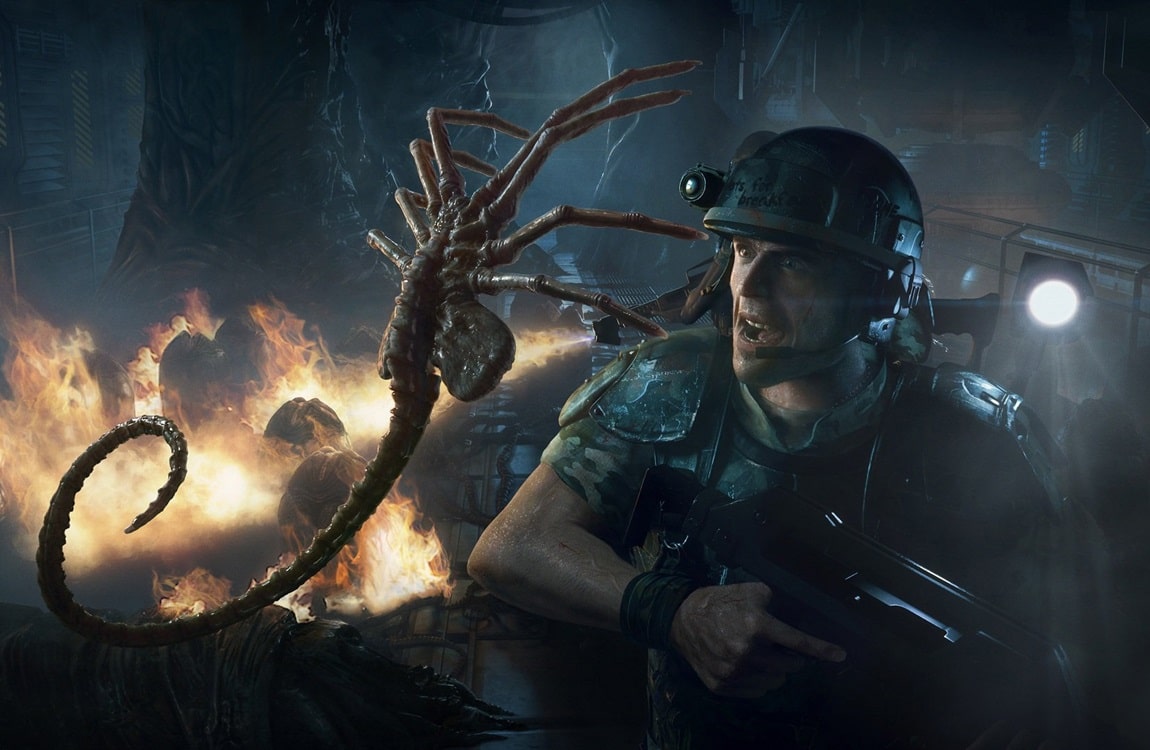 A Facehugger jumping on a Colonial Marine