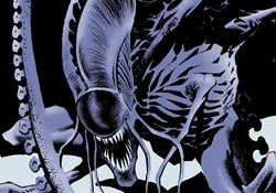 A gigantic Xenomorph Queen Mother towering over a hive