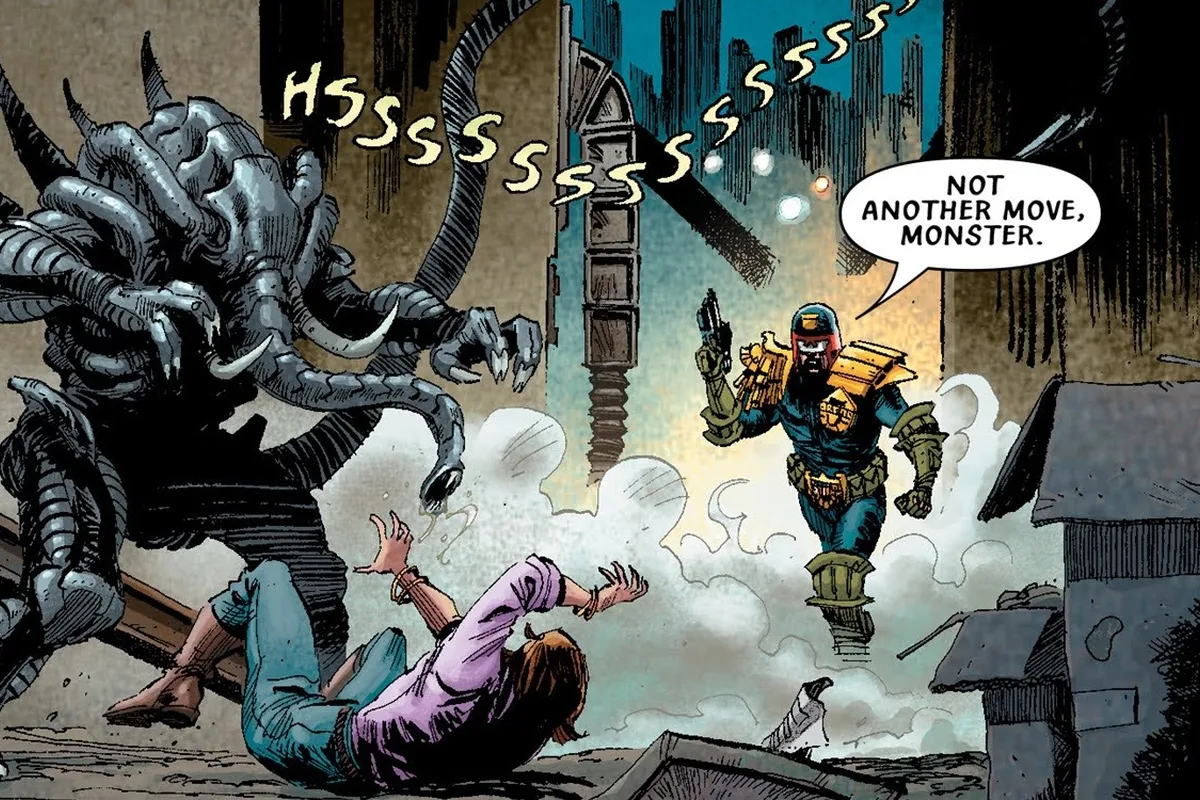 Judge Dredd confronting the elephant-like Ani-Man Xenomorph as it attacks a woman outside a Mega-City One construction site