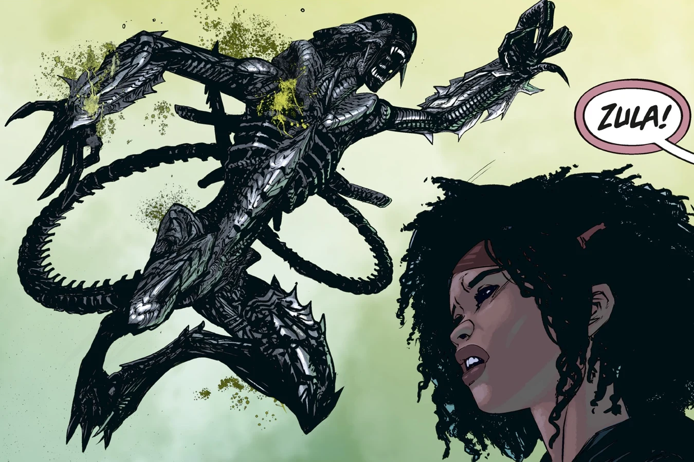 An Armored Xenomorph leaping toward Zula Hendricks in Aliens: Resistance