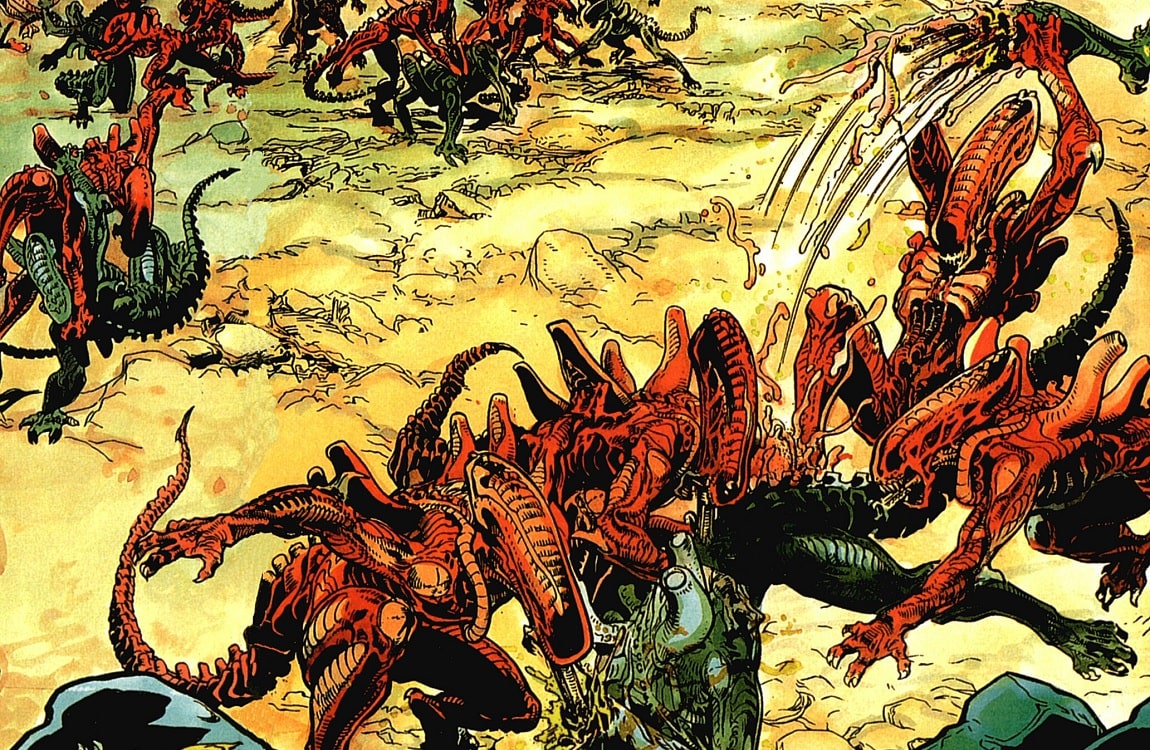 The Red Xenomorphs attacking a regular Xenomorph in Aliens: Genocide