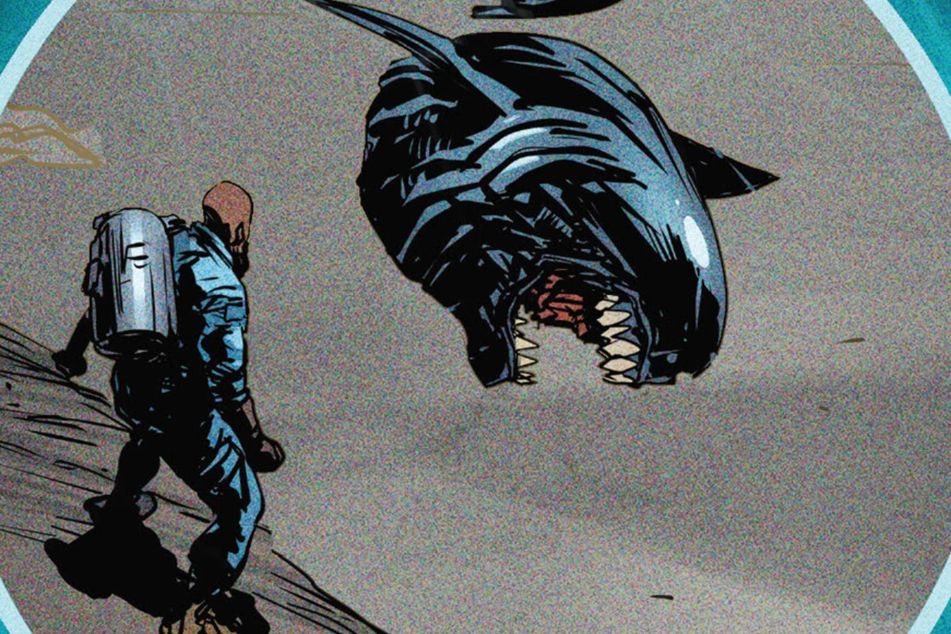 A Xenomorph Shark confronting a suited human in Aliens: What If