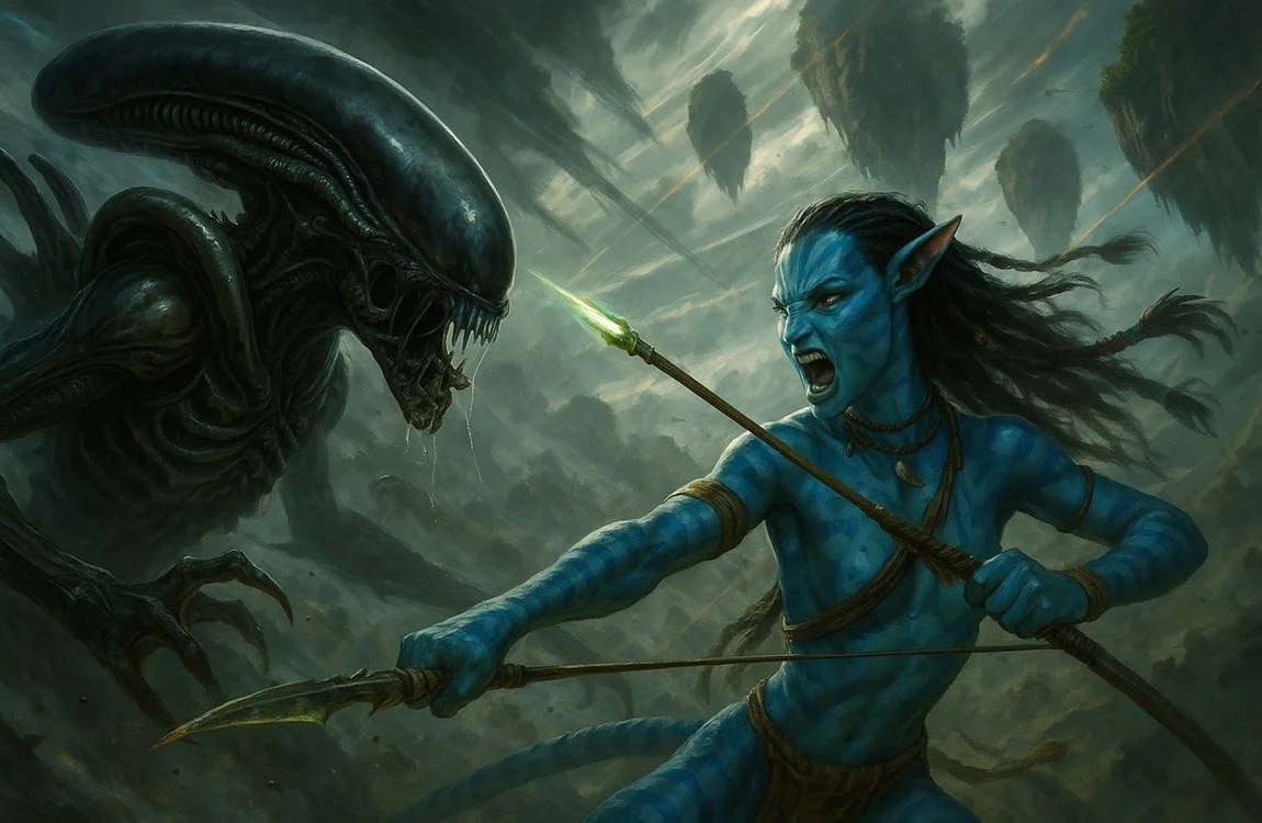 An Avatar fights a Xenomorph
