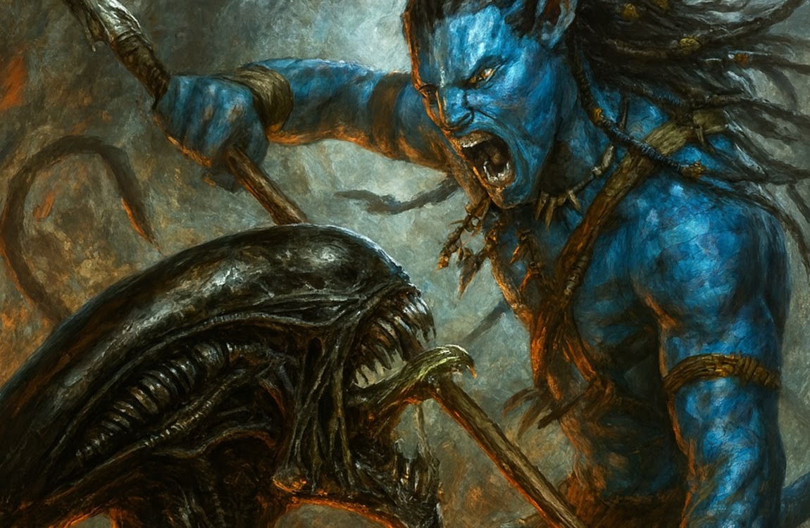 A closeup of a Na'vi fighting a Xenomorph