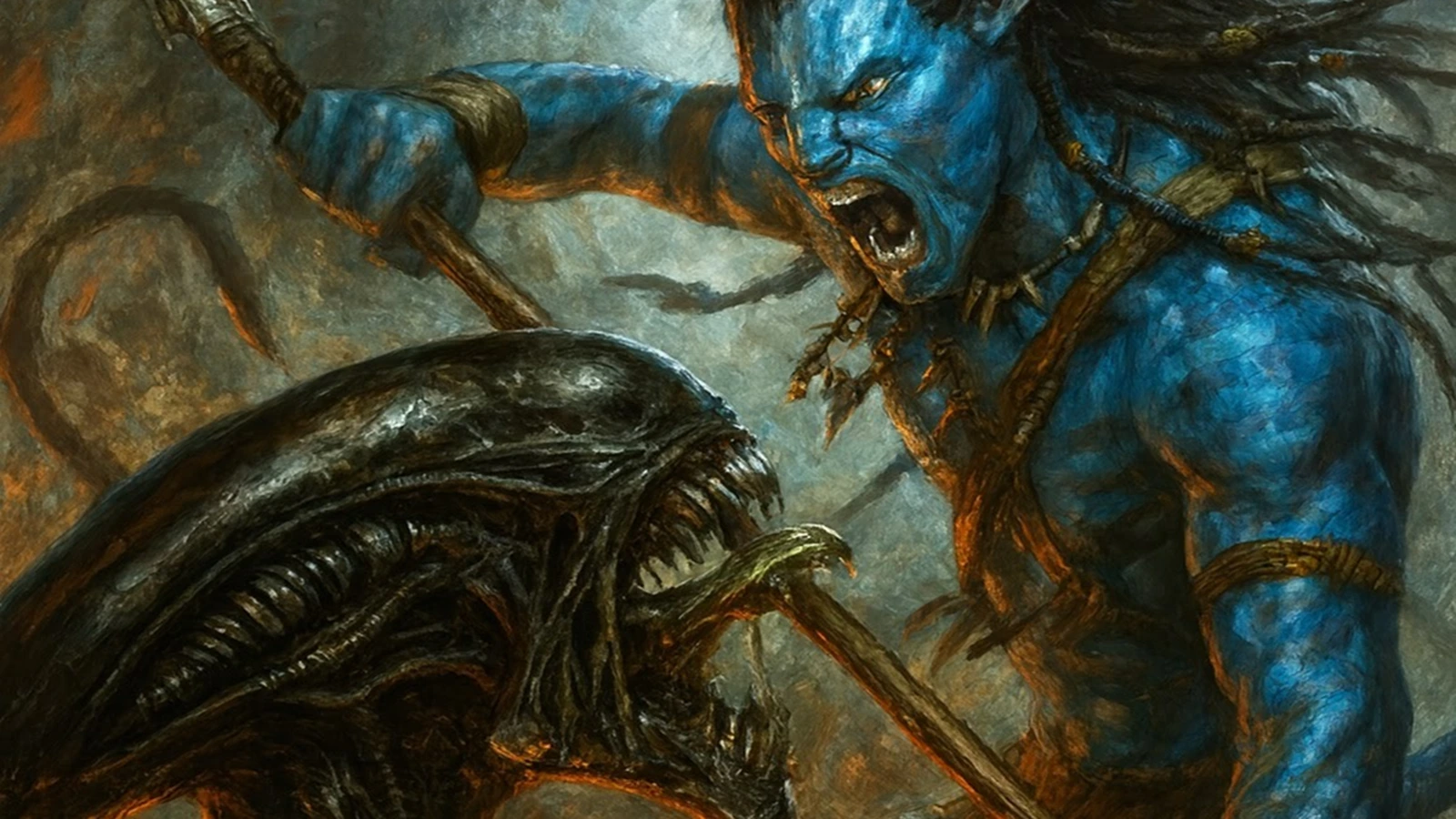 A Na'vi warrior fighting a Xenomorph