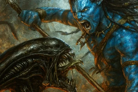 A Na'vi warrior fighting a Xenomorph