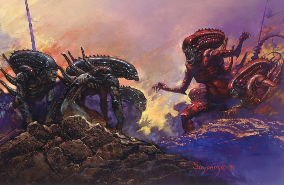 Black Xenomorphs fighting Red Xenomorphs