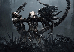 A Predator Lifting a Marine and a Xenomorph